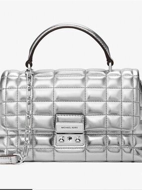 Michael Kors Metallic Silver Tribeca Quilted Top Handle Satchel